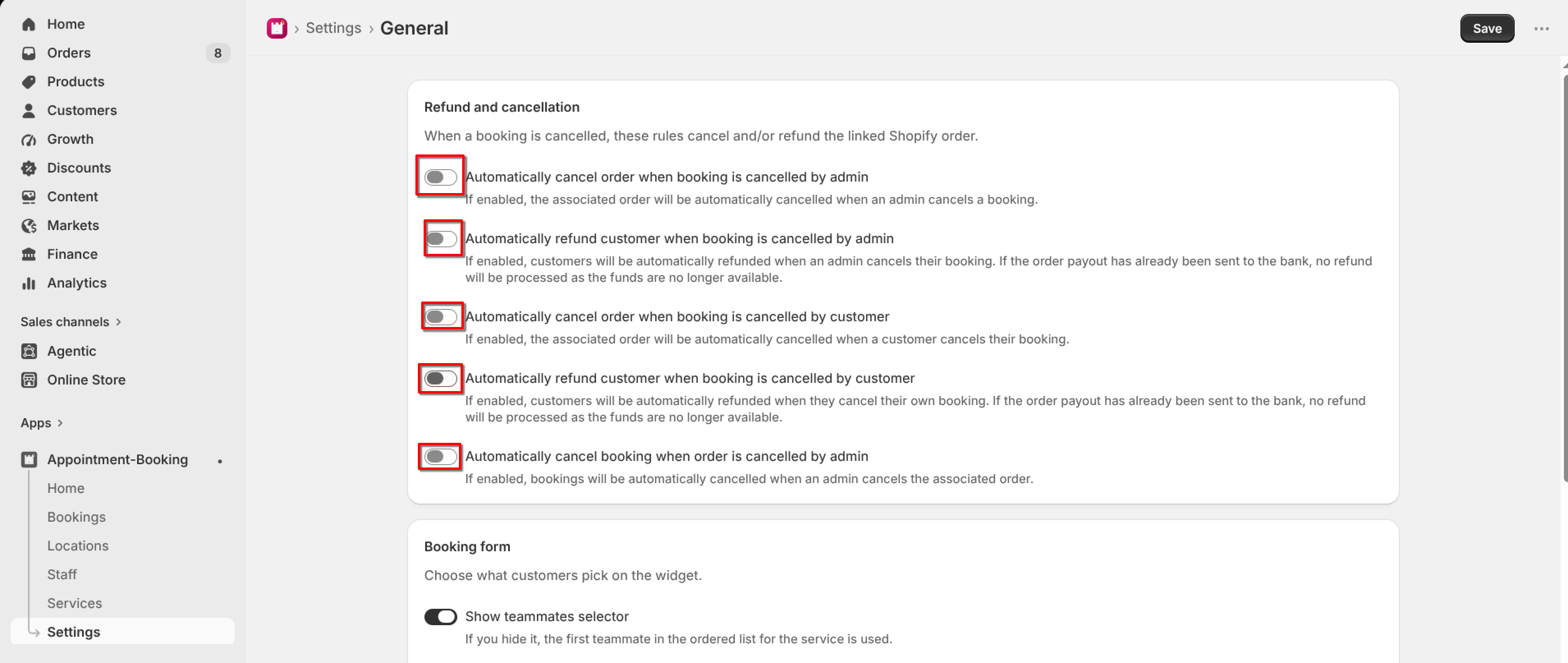 General settings page with the Refund and cancellation section showing all five toggles highlighted: automatically cancel/refund by admin, by customer, and cancel booking when order is cancelled by admin